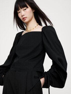 NWT!!! Banana Republic Black Cotton Poplin Square-Neck Cinch-Sleeve Top M